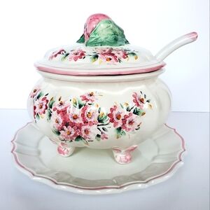 RARE Vintage ITALIAN Soup Tureen Handpainted Porcelain Pink Floral Ornate Finial